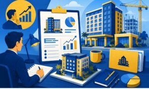 Cartoon hotel development business planning illustration in blue and yellow