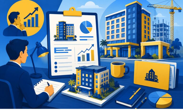 Cartoon hotel development business planning illustration in blue and yellow