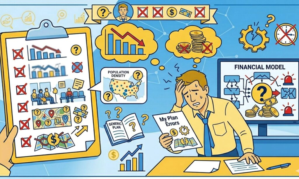 A stressed male medical clinic founder looking at business plan errors, declining financial charts, and an inaccurate financial model.