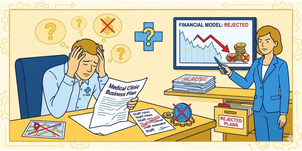 Frustrated clinic owner reviewing a rejected medical clinic business plan and financial model.